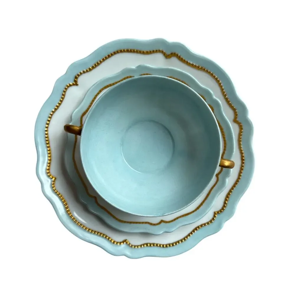 Antique O&EG Royal Austria 3 Pc Bouillon Cup Saucer Plate Blue Gold Gilt c1908